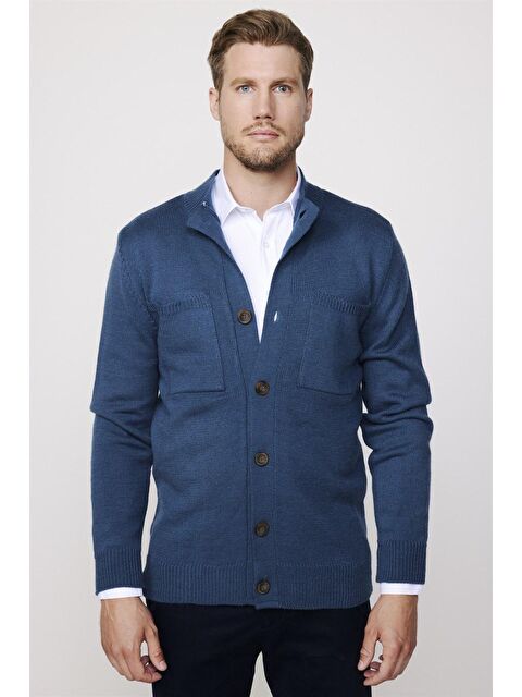 TUDORS Erkek Slim Fit Dik Yaka Düğmeli Çift Cepli Petrol Yeşili Hırka - S000041952-20019