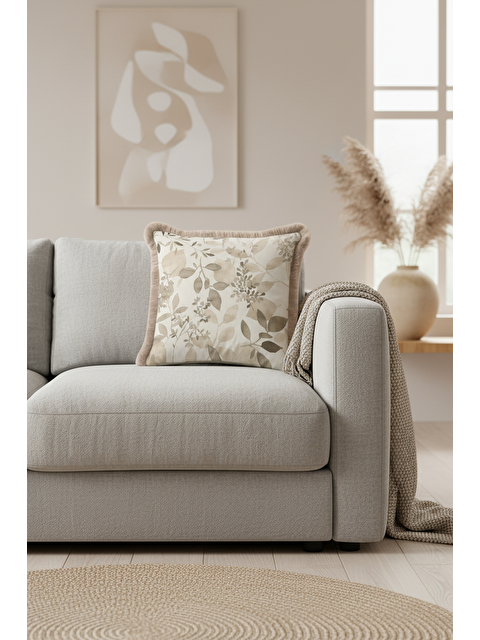 Milbay Grup Zarif Yaprak Motifli Saçaklı Yastık Kılıfı - Doğal Tonlu Eko Rustik Bej Püsküllü Kırlent Kılıfı