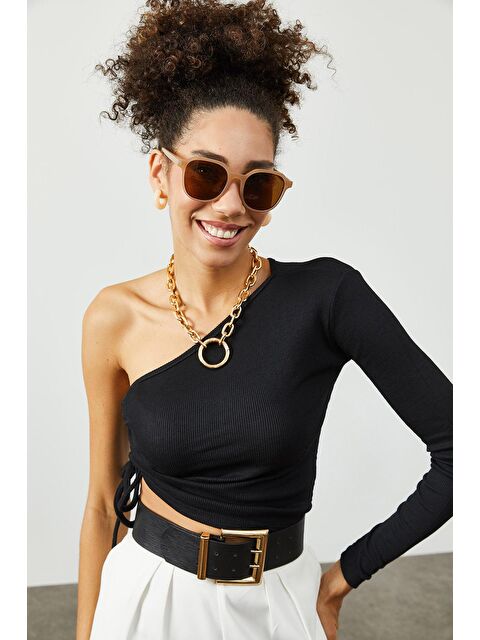 Xhan Siyah Tek Omuz Yanı Büzgülü Kaşkorse Bluz 2KXK2-45449-02 - S000037368-19351