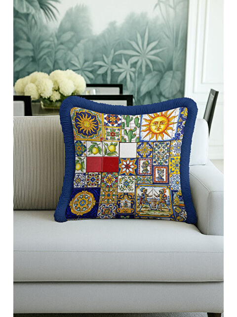 Milbay Grup Akdeniz Renkli Mozaik Saçaklı Yastık Kılıfı - Eklektik Sanat Mavi Gold Püsküllü Kırlent Kılıfı