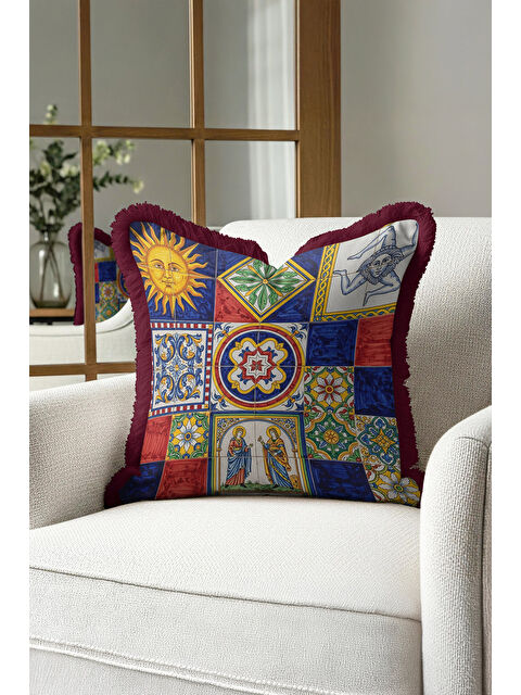 Milbay Grup Akdeniz Çini Motifli Saçaklı Yastık Kılıfı - Retro Sanat Renkli Bordo Püsküllü Kırlent Kılıfı