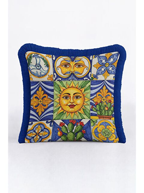 Milbay Grup Akdeniz Motifli Saçaklı Yastık Kılıfı - Retro Güneş Temalı Sarı Mavi Püsküllü Kırlent Kılıfı