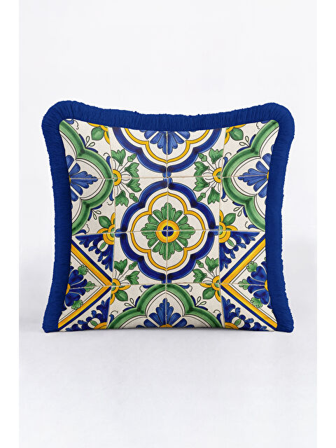 Milbay Grup Lüks İtalyan Seramik Motifi Saçaklı Yastık Kılıfı - Akdeniz Bohem Mavi Yeşil Püsküllü Kırlent Kılıfı