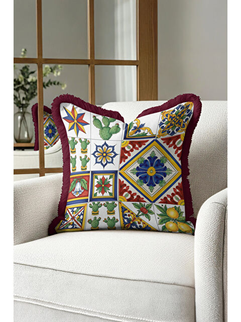 Milbay Grup Akdeniz Çini Motifli Saçaklı Yastık Kılıfı - Etnik Limon Kaktüs Tema Kırmızı Püsküllü Kırlent Kılıfı