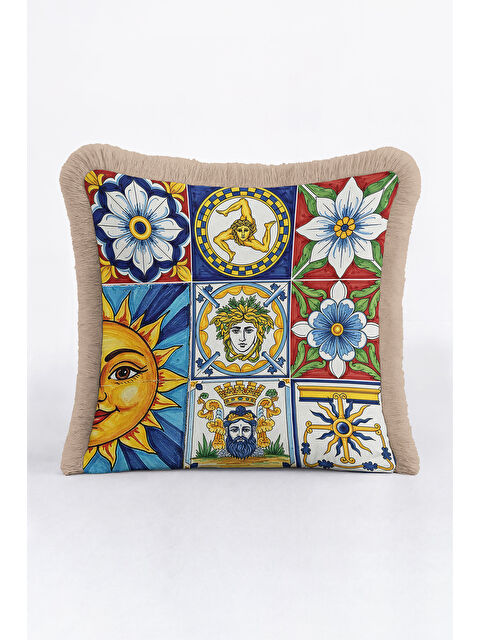 Milbay Grup Akdeniz Motifli Saçaklı Yastık Kılıfı - İtalyan Klasik Mavi Sarı Bohem Püsküllü Kırlent Kılıfı