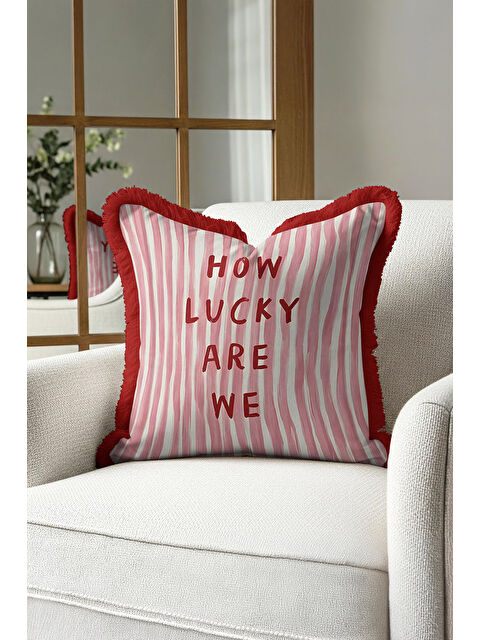 Milbay Grup Çizgili Enerjik Saçaklı Yastık Kılıfı - Pozitif Modern Kırmızı Beyaz Püsküllü Kırlent Kılıfı