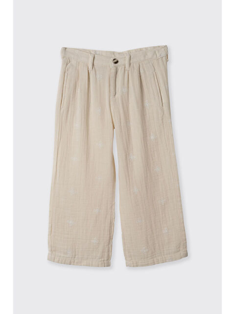 Panço Kız Çocuk Etnik Nakışlı Müslin Bej Pantolon - S000447125-19928