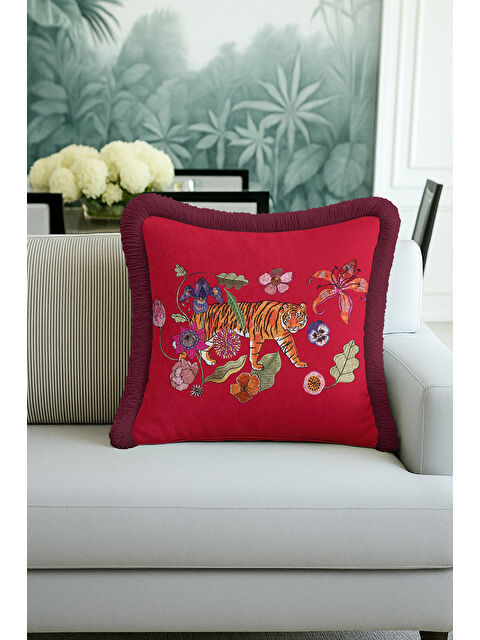 Milbay Grup Egzotik Kaplan Nakışlı Saçaklı Yastık Kılıfı - Doğal Vahşi Bohem Kırmızı Mor Püsküllü Kırlent Kılıfı