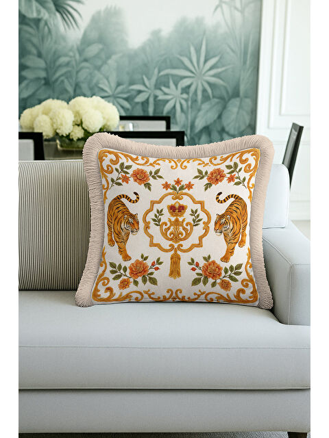 Milbay Grup Hayvan Figürlü Barok Saçaklı Yastık Kılıfı - İhtişamlı Bohem Altın Renkli Püsküllü Kırlent Kılıfı