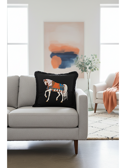 Milbay Grup Saray Motifli Saçaklı Yastık Kılıfı - At Figürü Bohem Siyah Mavi Turuncu Püsküllü Kırlent Kılıfı