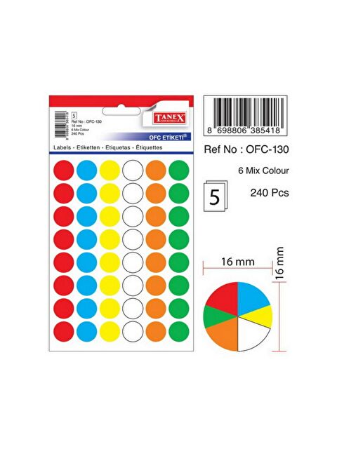 Tanex Ofc-130 Renkli Yuvarlak Ofis Etiketi 16 Mm 5 Syf-240Adt - S000080056-20063