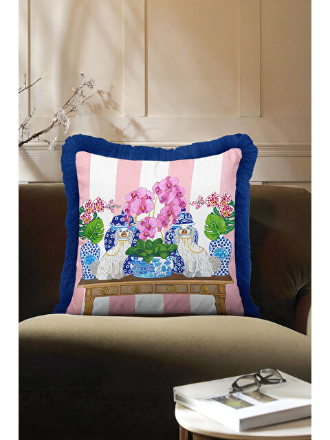 Milbay Grup Lüks Saray Saçaklı Yastık Kılıfı - Çiçekli Chinoiserie Bohem Mavi Kenarlı Püsküllü Kırlent Kılıfı