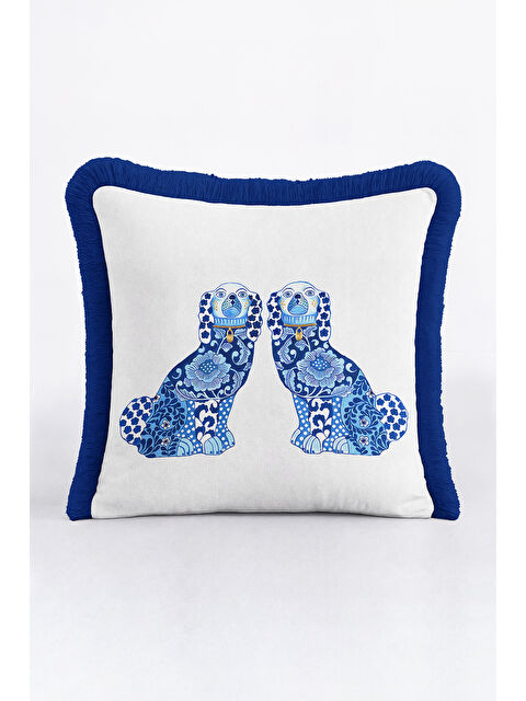 Milbay Grup Lüks Mavi Köpek Saçaklı Yastık Kılıfı - İngiliz Stil Klasik Ev Lacivert Püsküllü Kırlent Kılıfı