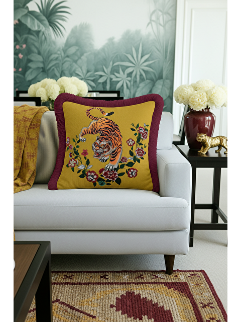 Milbay Grup Asya Esintili Kaplan Motifli Saçaklı Yastık Kılıfı - Egzotik Çiçekler Bohem Püsküllü Kırlent Kılıfı