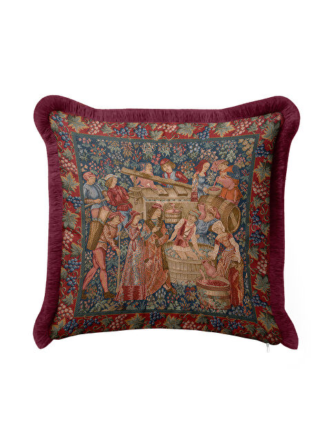 Milbay Grup Kraliyet Şıklığı Saçaklı Yastık Kılıfı - Orta Çağ Vintage Rustik Bordo Püsküllü Kırlent Kılıfı