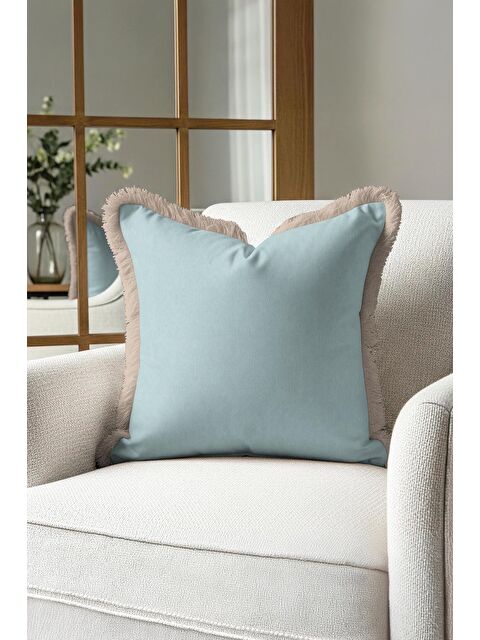 Milbay Grup Lüks Zarif Saçaklı Yastık Kılıfı - Pastel Mavi Rustik Bej Püsküllü Kırlent Kılıfı