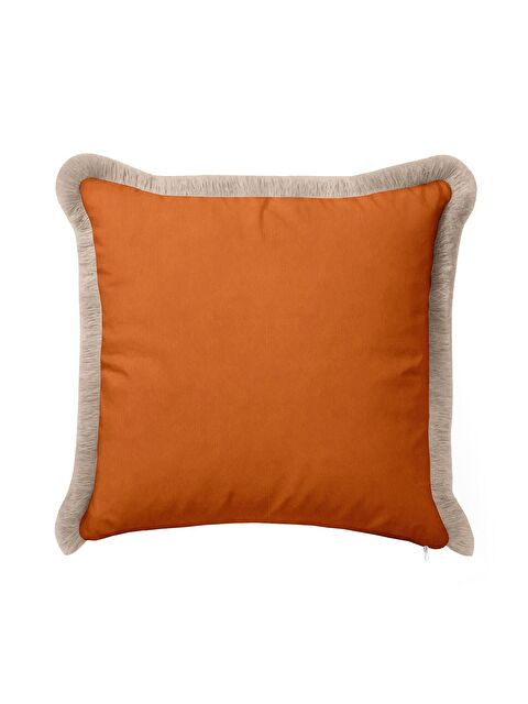 Milbay Grup Lüks Kadife Saçaklı Yastık Kılıfı - Safran Modern Bej Püsküllü Kırlent Kılıfı