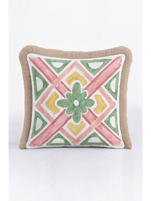Milbay Grup Etnik Motifli Saçaklı Yastık Kılıfı - Vintage Bohem Karma Renkli Bej Saçaklı Püsküllü Kırlent Kılıfı