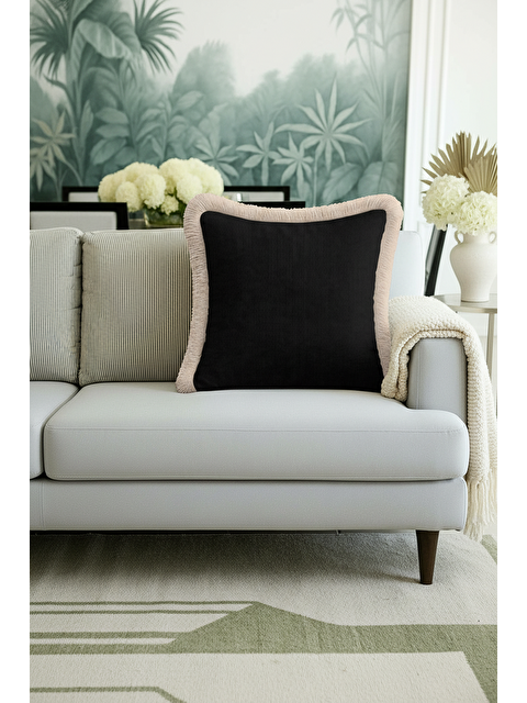 Milbay Grup Lüks Siyah Saçaklı Yastık Kılıfı - Minimalist Modern Bej Püsküllü Kırlent Kılıfı