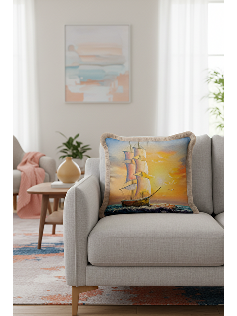 Milbay Grup Marin Temalı Saçaklı Yastık Kılıfı - Günbatımı Seyahat Teması Bohem Mavi Bej Püsküllü Kırlent Kılıfı