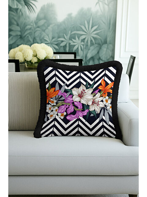 Milbay Grup Lüks Çizgili Saçaklı Yastık Kılıfı - Çiçek Bahçesi Modern Siyah Püsküllü Kırlent Kılıfı