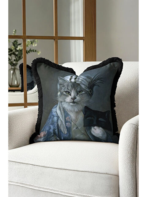 Milbay Grup Saray Stili Saçaklı Yastık Kılıfı - Vintage Nostaljik Lacivert Siyah Püsküllü Kırlent Kılıfı