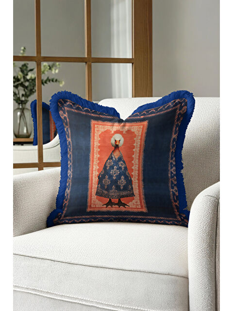 Milbay Grup Avangart Figürlü Saçaklı Yastık Kılıfı - Sanatsal Bohem Stili Lacivert Püsküllü Kırlent Kılıfı