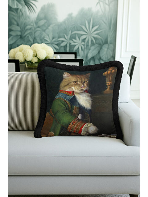 Milbay Grup Saray Tarzı Kedi Portre Saçaklı Yastık Kılıfı - Avangart Klasik Yeşil Siyah Püsküllü Kırlent Kılıfı