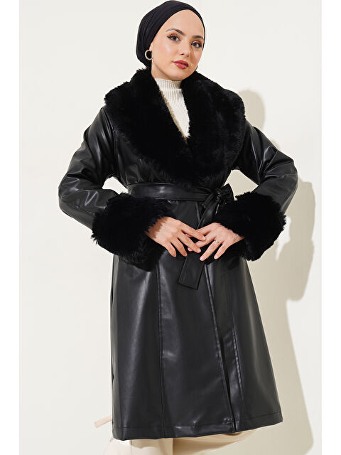 Bigdart 1026 Yaka Kürklü Kemerli Suni Deri Mont - S000102534-22238