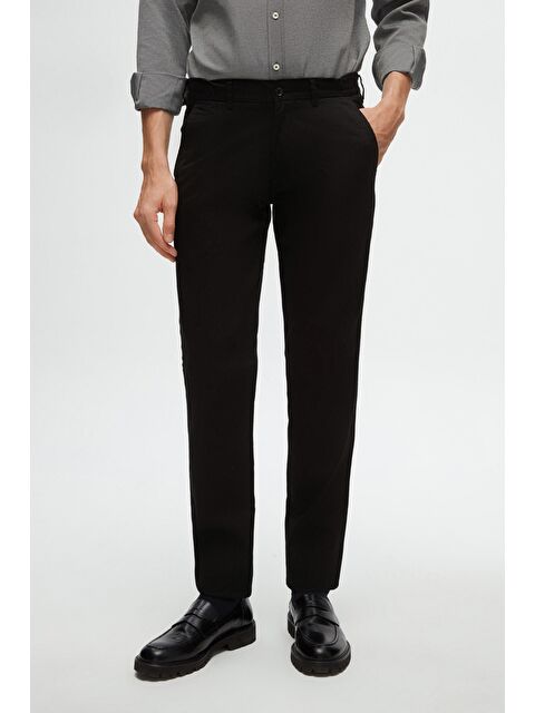 D'S damat Slim Fit Siyah Armürlü Yan Beli Lastikli Esnek Elastanlı Yandan Cepli Chino Pantolon - S000407244-19351