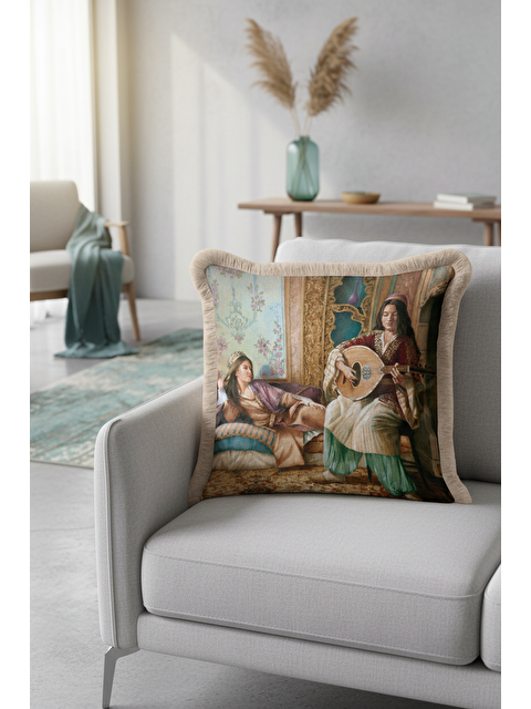 Milbay Grup Oryantal Saray Esintili Saçaklı Yastık Kılıfı - Klasik Osmanlı Bohem Gold Püsküllü Kırlent Kılıfı