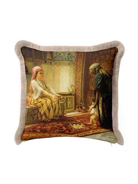 Milbay Grup Oryantal Saray Sanatı Saçaklı Yastık Kılıfı - Klasik Osmanlı Kahverengi Püsküllü Kırlent Kılıfı