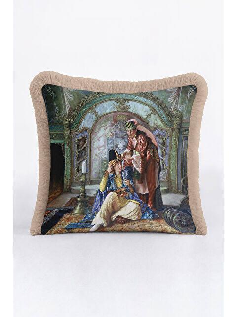 Milbay Grup Saray ihtişamı detaylı Saçaklı Yastık Kılıfı - Osmanlı hanedan nostaljik bej Püsküllü Kırlent Kılıfı