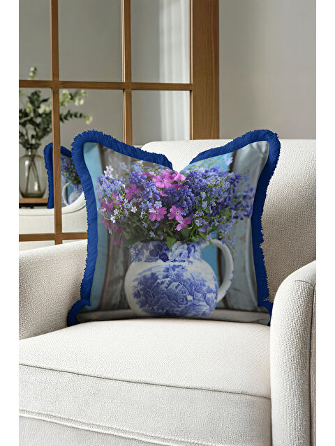 Milbay Grup Lüks Çiçek Vazolu Saçaklı Yastık Kılıfı - Vintage Country Mavi Mor Püsküllü Kırlent Kılıfı