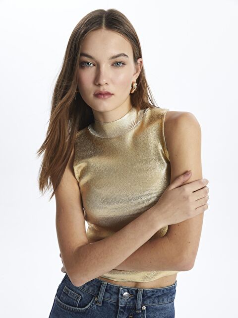 Dexia Floransa - Varak Baskılı Boğazlı Triko Bluz - Gold Renk - S000118468-20076