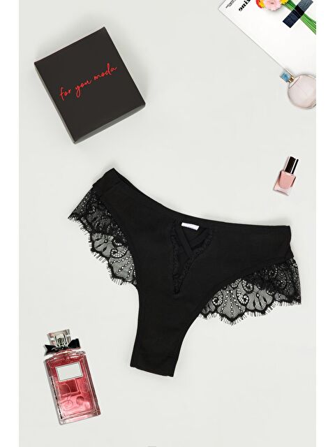 For You Moda Datelli V Detaylı Kutulu Siyah Slip Külot - S000047905-19351