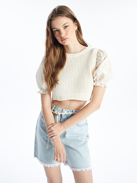 Dexia Katanya - Örgü Detaylı Yarım Kol Crop Fit İnce Triko - Ekru Renk - S000151525-19965