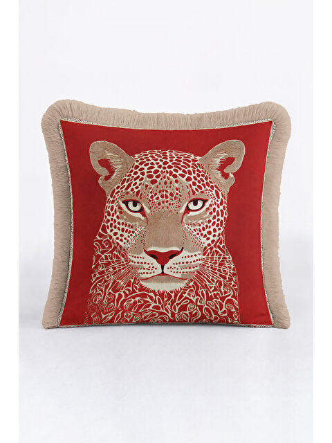 Milbay Grup Vahşi Parıltı Saçaklı Yastık Kılıfı - Asil Leopar Bohem Kırmızı Altın Renkli Püsküllü Kırlent Kılıfı