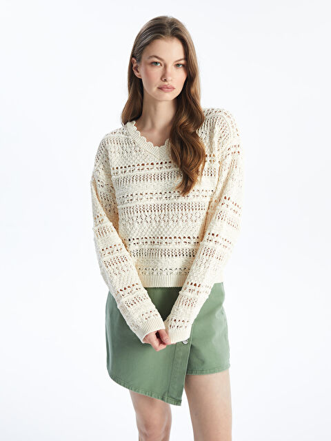 Dexia Monjito - Örgü Detaylı Ajur Desenli V Yaka Triko Bluz - Ekru - S000265463-19965