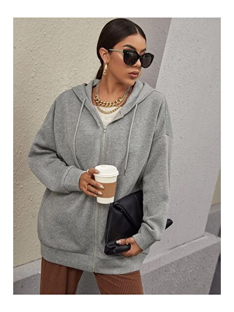 Trendseninle Kadın Gri Üç Iplik Fermuarlı Sweatshirt - S000109540-20600