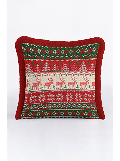 Milbay Grup Nordik Geyikli Saçaklı Yastık Kılıfı-Kış Motifli Retro Kırmızı Yeşil Püsküllü Kırlent Kılıfı