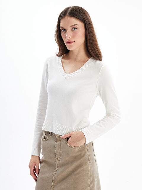 Dexia Modra   Düz V Yaka Uzun Kollu Rahat Kalıp Kazak   Beyaz Renk - S000334491-20063