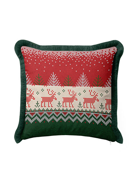 Milbay Grup Nordik Geyikli Saçaklı Yastık Kılıfı - Kış Temalı Rustik Kırmızı Yeşil Püsküllü Kırlent Kılıfı
