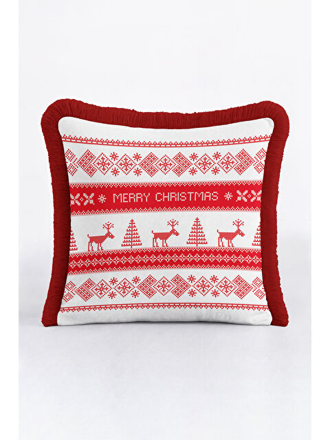 Milbay Grup Nordik Geyik Motifli Saçaklı Yastık Kılıfı - Kırmızı Beyaz Temalı Rustik Püsküllü Kırlent Kılıfı