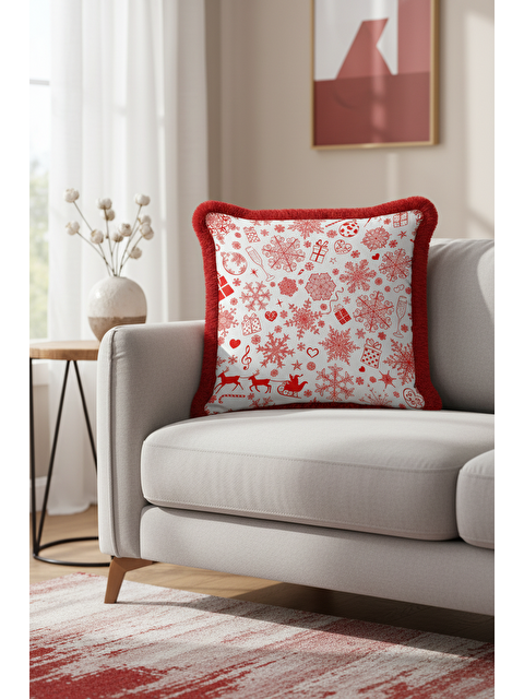 Milbay Grup Lüks Kış Motifli Saçaklı Yastık Kılıfı - Kırmızı Yılbaşı Temalı Modern Püsküllü Kırlent Kılıfı