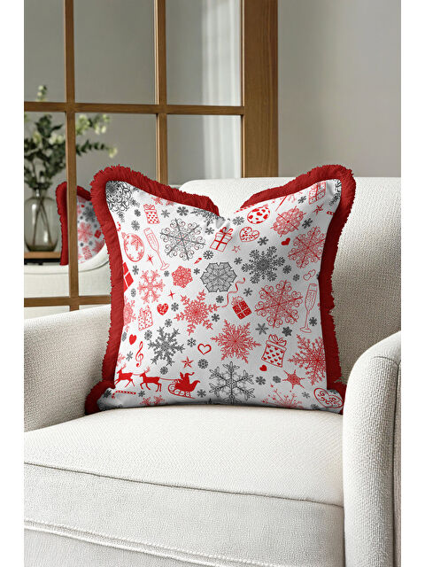 Milbay Grup Lüks Kar Tanesi Saçaklı Yastık Kılıfı - Yılbaşı Temalı Kırmızı Beyaz Nordic Püsküllü Kırlent Kılıfı