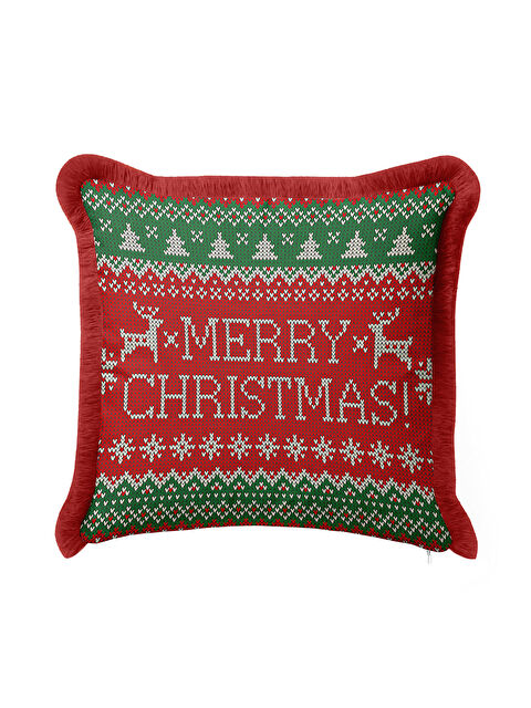 Milbay Grup Yılbaşı Motifli Saçaklı Yastık Kılıfı - Yeni Yıl Temalı Retro Kırmızı Yeşil Püsküllü Kırlent Kılıfı