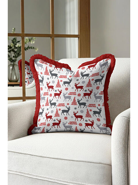 Milbay Grup Geyik Motifli Saçaklı Yastık Kılıfı - Yeni Yıl Temalı Kırmızı Gri Rustik Püsküllü Kırlent Kılıfı