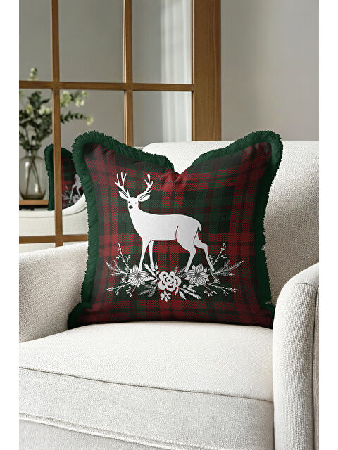 Milbay Grup Rustik Geyik Çam Kozalaklı Saçaklı Yastık Kılıfı - Kış Bahçesi Ekose Püsküllü Kırlent Kılıfı