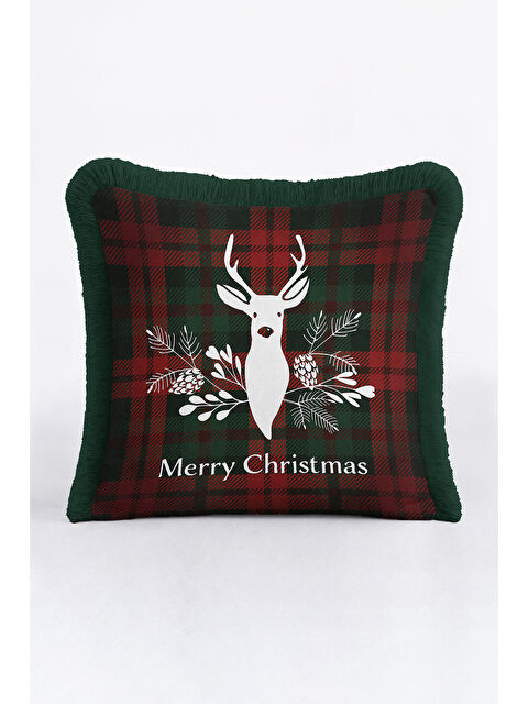 Milbay Grup Lüks Ekose Saçaklı Yastık Kılıfı - Yılbaşı Rustik Çam Yeşili Püsküllü Kırlent Kılıfı